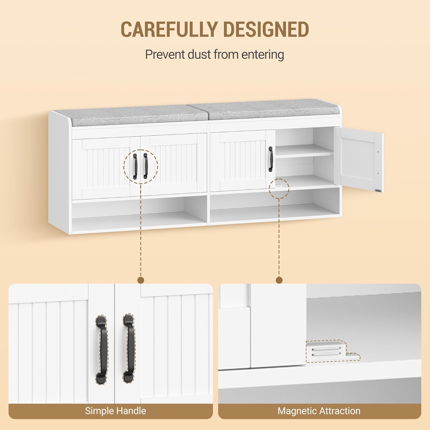 55.1" Shoe Storage Bench, 3 Tier Entryway Shoe Bench with Padded Cushion & 4 Doors & Adjustable Shelves, 18-21 Pairs of Bed End Benches, Modern Shoes Rack Benches for Bedroom, White SB41403GY