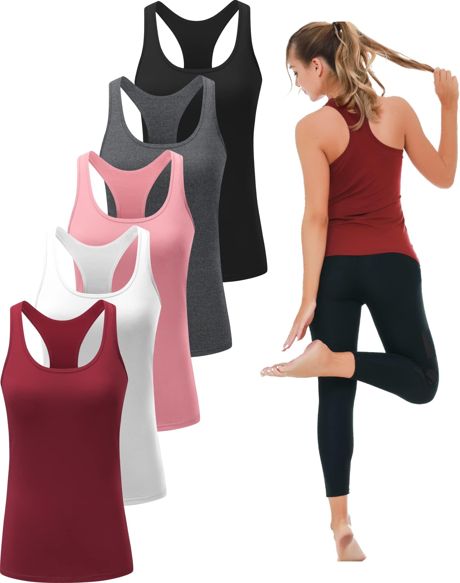 6, 5 or 3 Pack Workout Tank Tops for Women, Athletic Racerback Sports Tank Tops, Compression Sleeveless Dry Fit Shirts