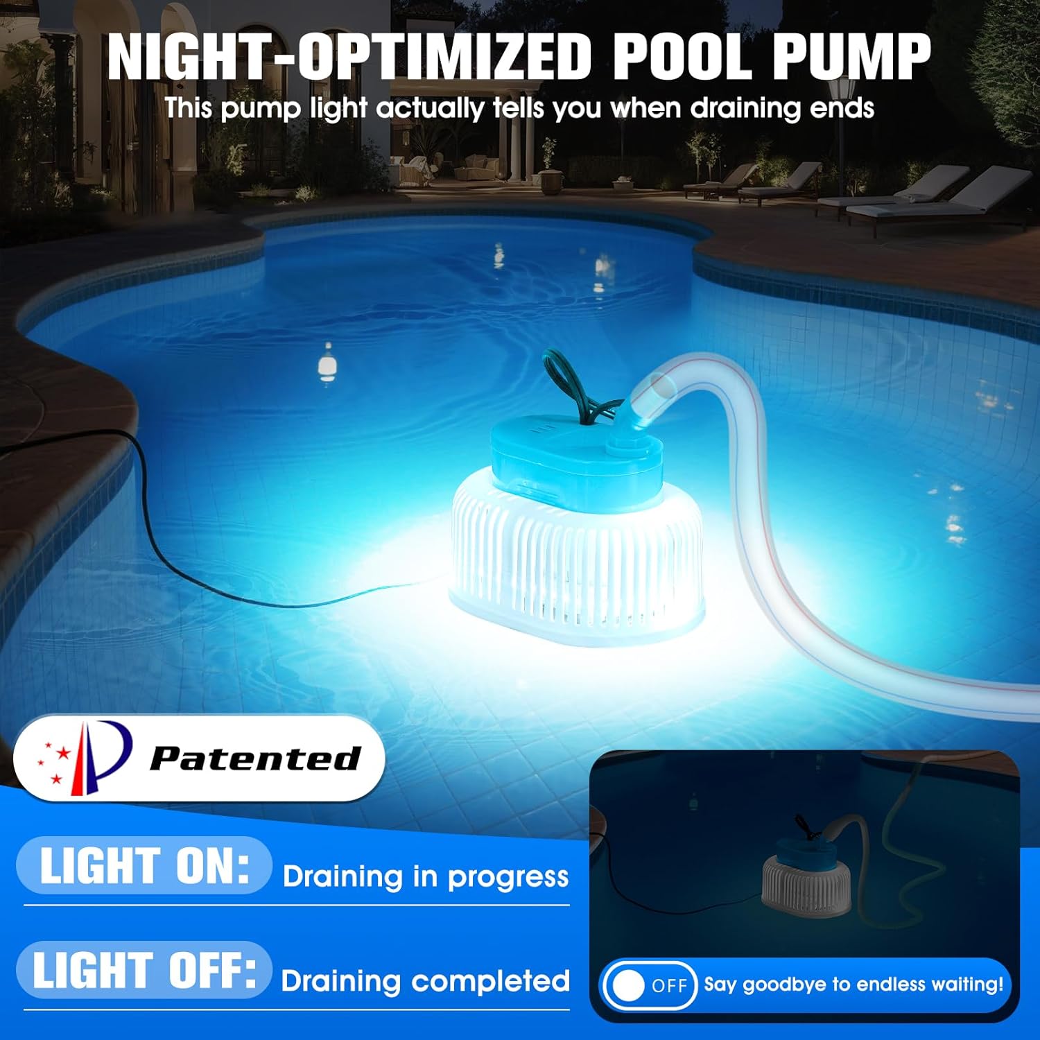 Pool Cover Pump with Lights, Above Ground Sump Pump Submersible, Sump Pumps for Pool Draining, Water Removal Pumps with 16ft Drainage Hose & 25 ft Extra Long Power Cord,850 GPH,4 Adapters-Light Blue