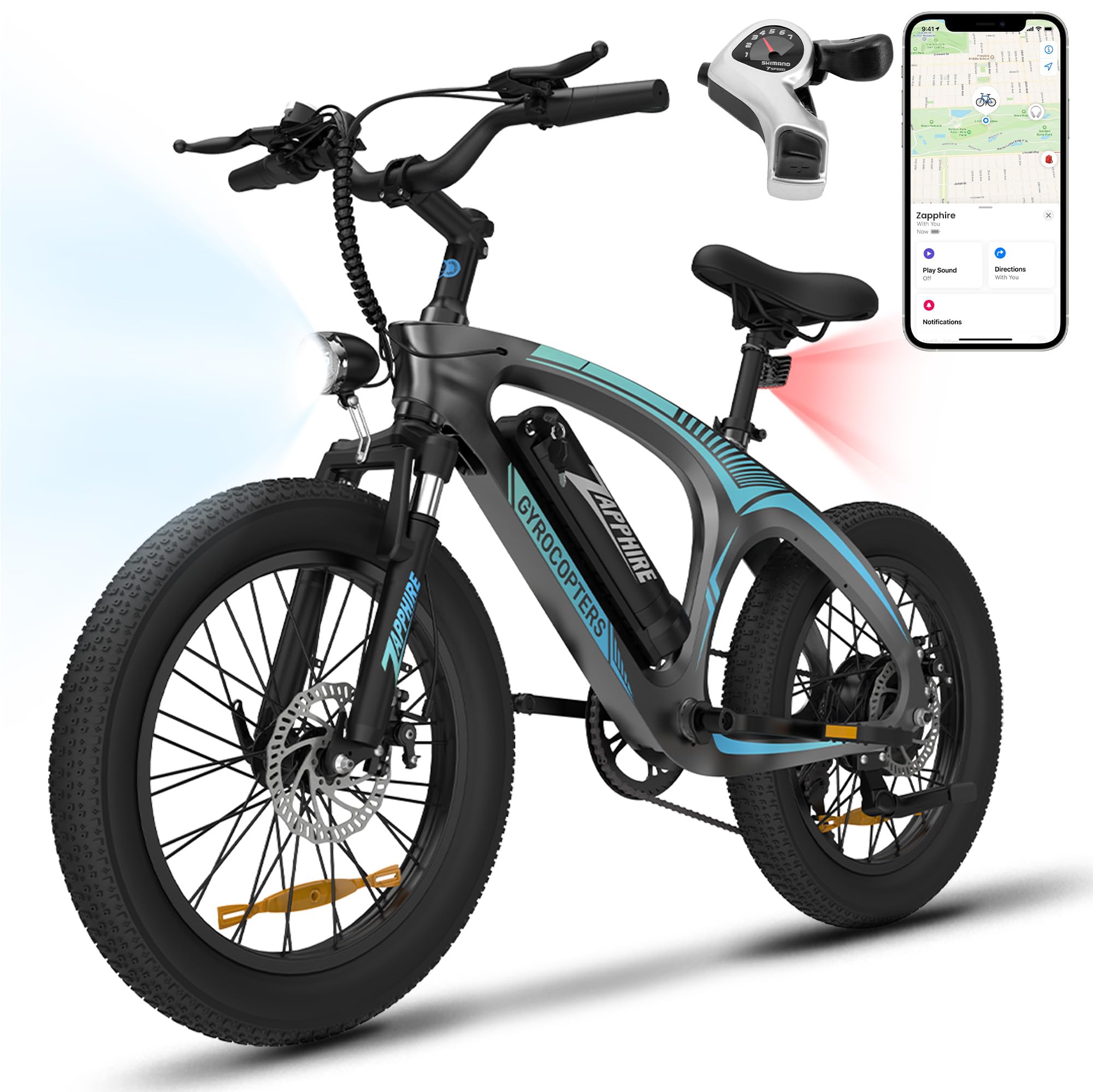 Gyrocopters Zapphire 20"x3" Fat Tire MTB Electric Bike for Adults & Teens | Speed Upto 32Km/h, Range Upto 91Km 42V Removable 10 Ah Battery 500W Motor | UL2849 Safe Ebike | Smart Anti-Theft GPS Tracker