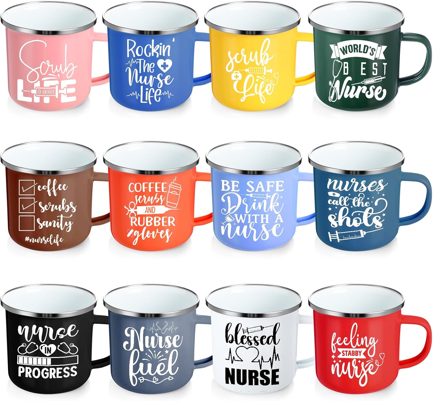 Sieral 12 Pcs Nurse Week Gifts 12 oz Nurses Mug Bulk 2026 Coffee Enamel Cups Set with Handles Motivational Tumbler for Women Doctor Student Graduation School Thank You Presents(Stylish)