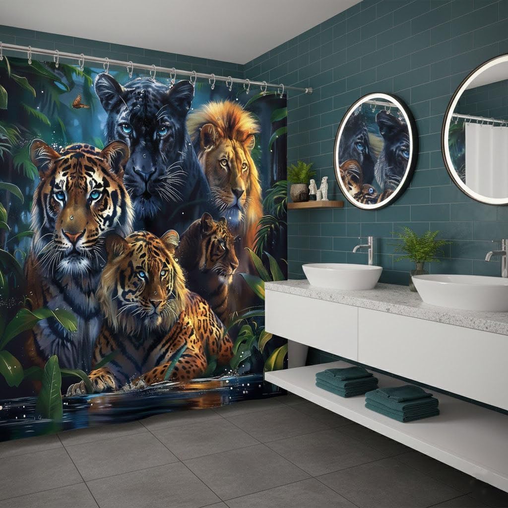 Tiger Wild Animal Shower Curtain, Green Orange and Black Lion Tiger Leopard Panther Theme Cloth Fabric Bathroom Decor Polyester Cloth Print Bathroom Curtains Include 12 Hooks Sets 70〃w by 70〃L