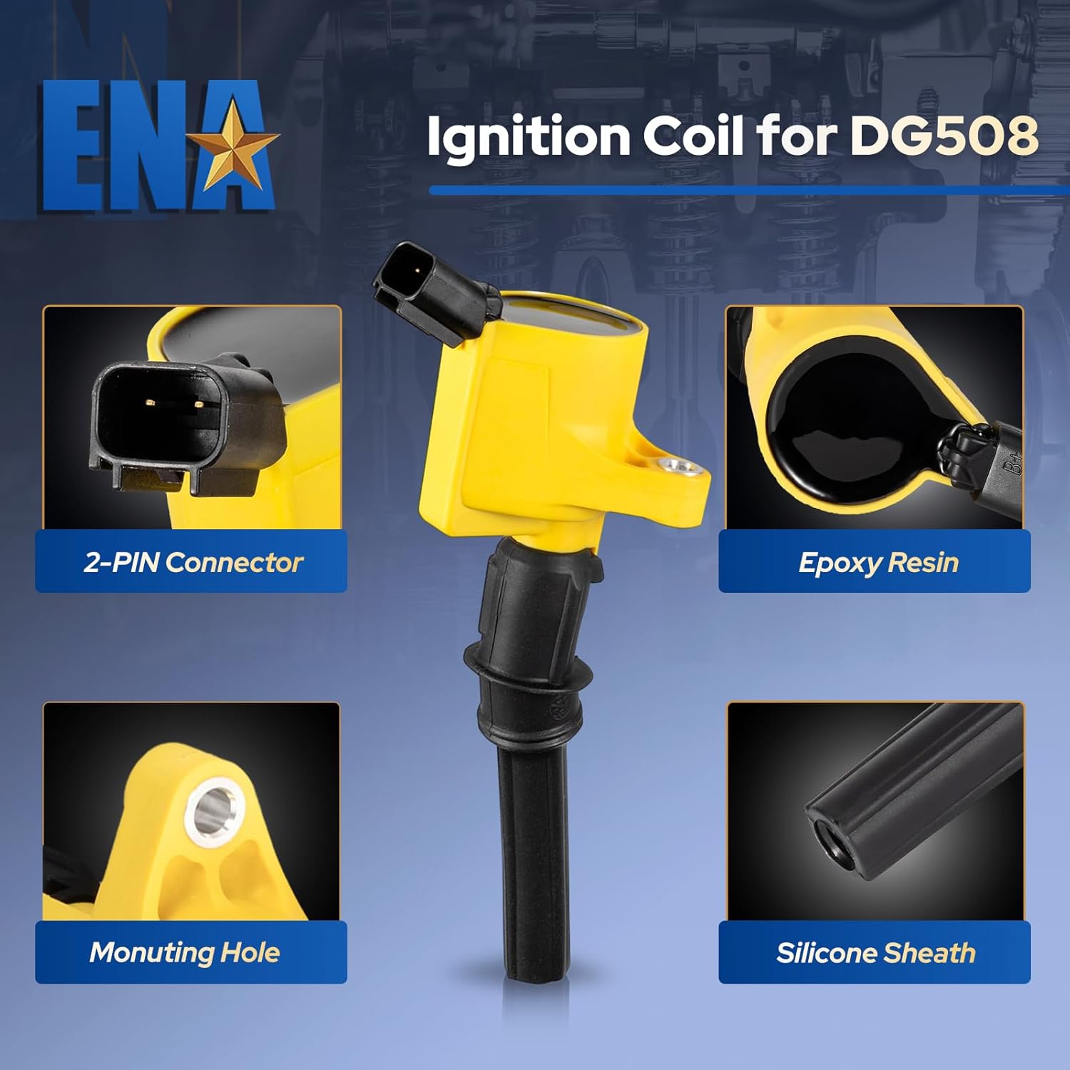 ENA Yellow Set of 8 Ignition Coil Pack Compatible with Lincoln Mercury Ford Mustang Crown Victoria E150 E250 Expedition Explorer F150 F250 F350 F450 F550 Navigator 4.6L 5.4L V8 Replacement for DG508