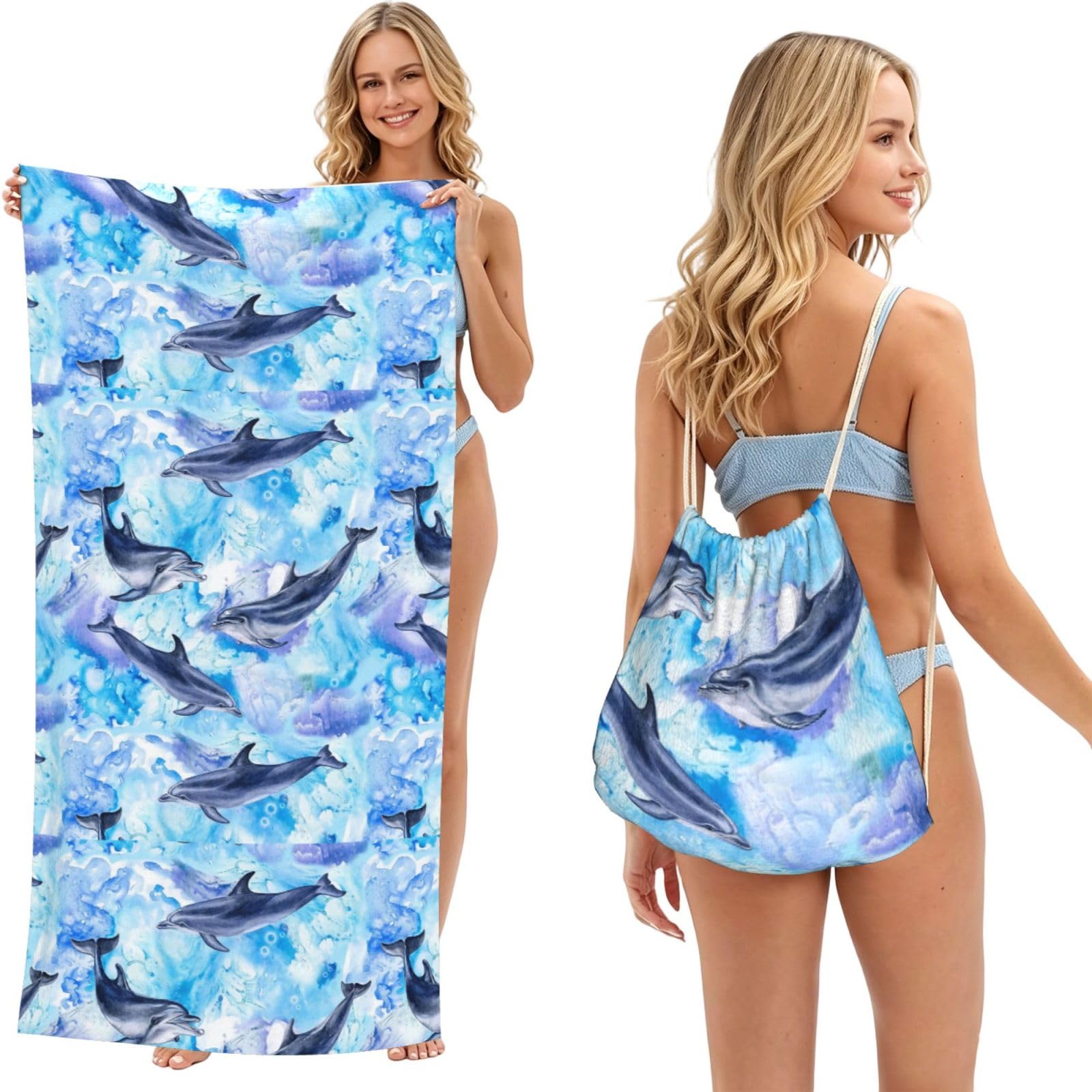 Poadnly As Picture Painting Dolphin, 2 In 1 Packable Towel Bag, Beach Towels With Drawstring Backpack For Travel Holiday Camping