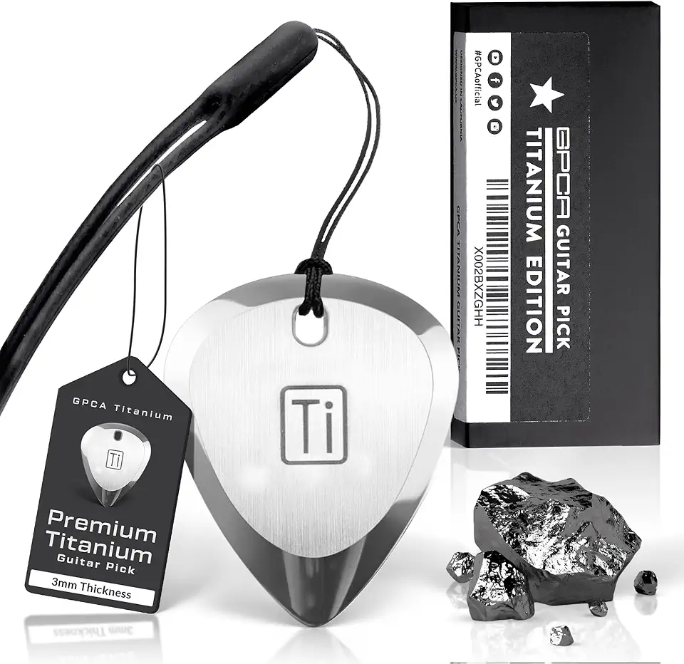 GPCA Palheta de guitarra de titânio, palheta de metal de 3 mm de espessura para guitarra, baixo e ukulele, vem com alça de pulso, acessórios indispensáveis para guitarra, presente para músicos e