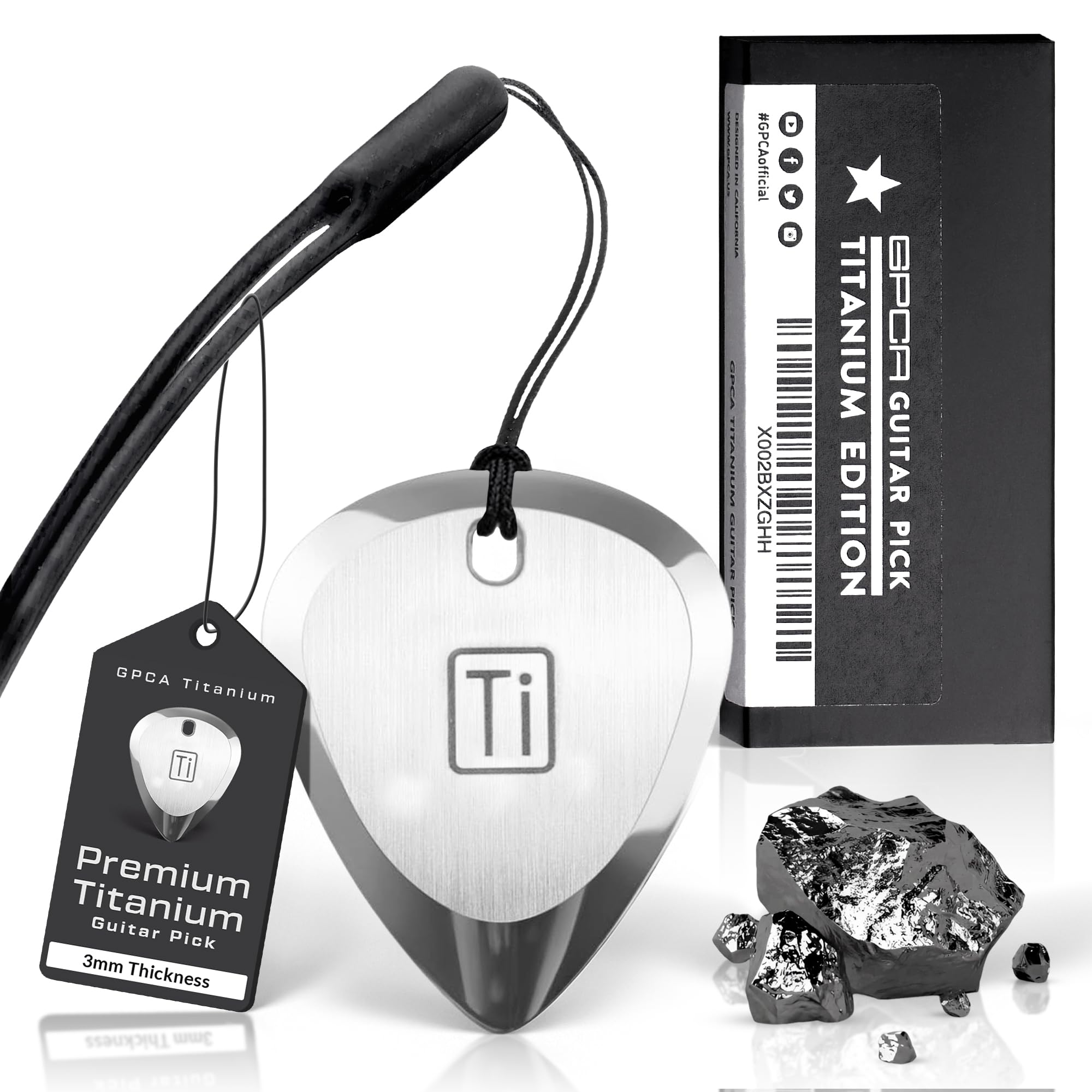 GPCA Titanium Guitar Pick, 3mm Thick Metal Guitar Pick for Guitar, Bass, and Ukulele, comes with Wrist Strap, Must-Have Guitar Accessories, Gift for Musicians and Music Lovers