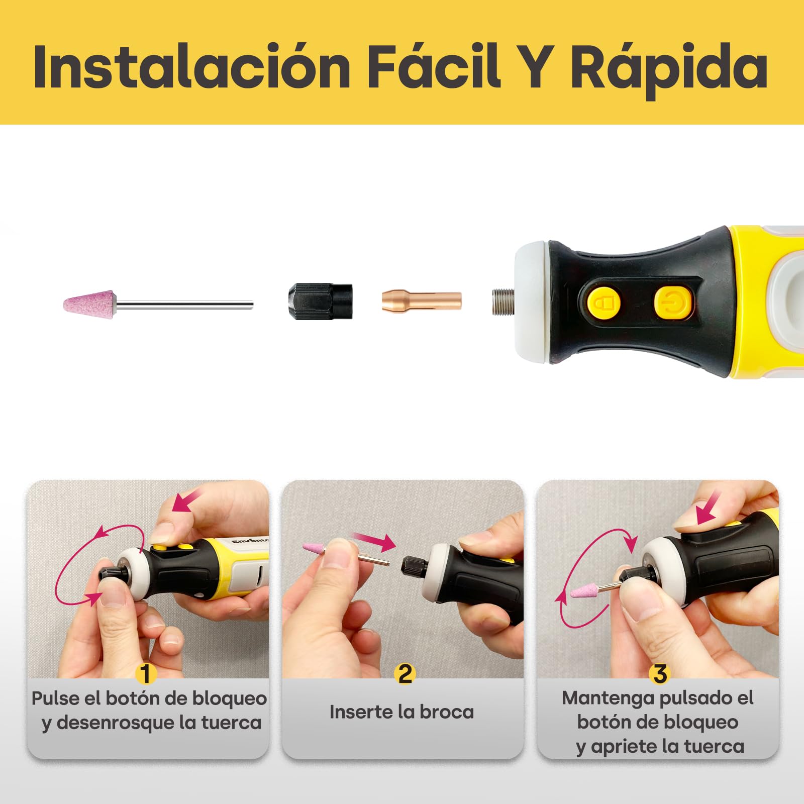 Enventor Mini Amoladora Bateria 8V con 80 Accesorios, Mini Herramienta Rotativa Multifunción con 5 Velocidades Ajustables, 5000-28000RPM, Carga USB, para Grabar, Aamolar, Pulir, Taladrar