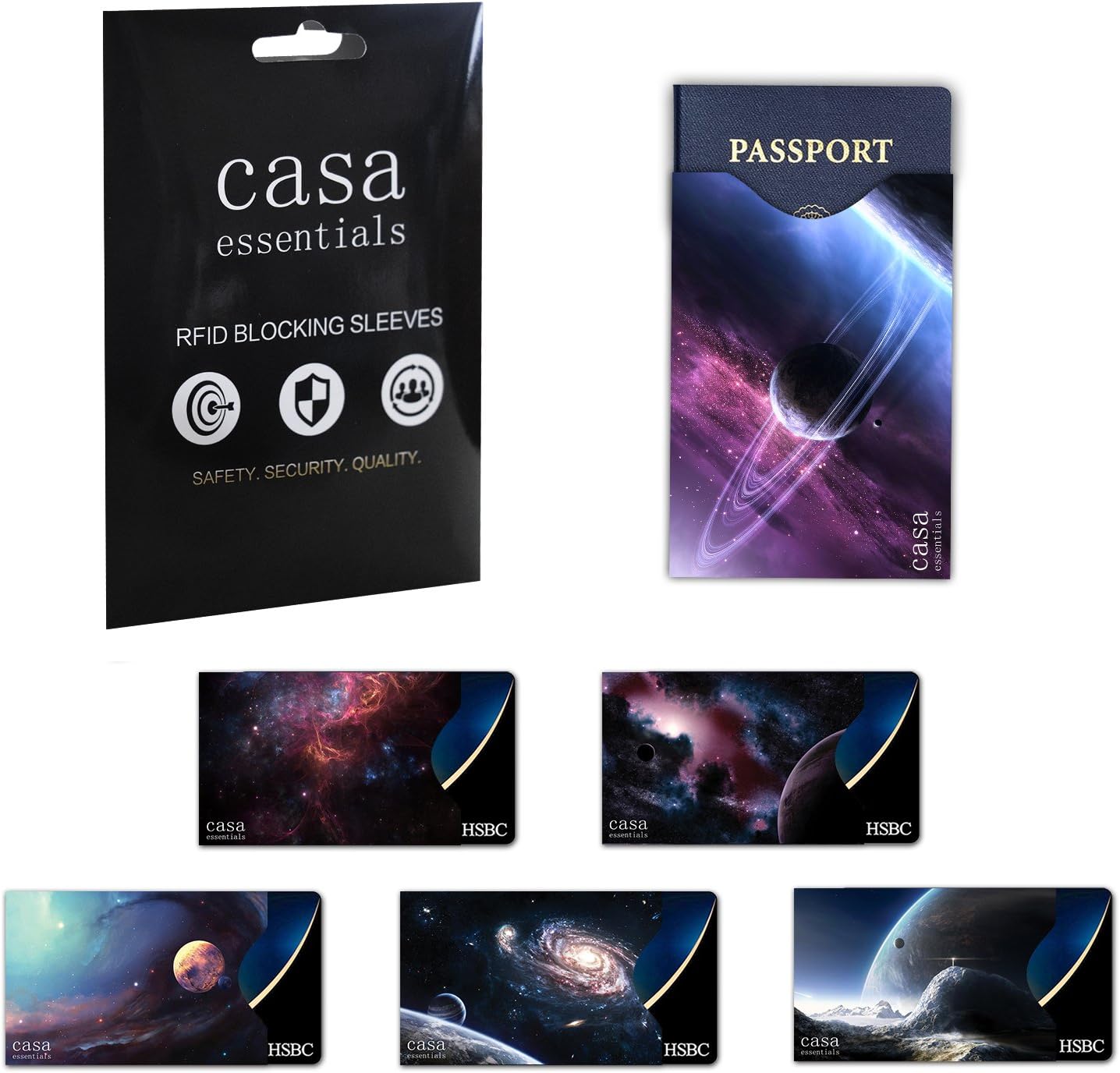Casa Essentials 6 RFID Blocking Sleeves Credit Card Holders/Sleeves/Covers, Galaxy Graphic, Identity Theft Protection, Fits Wallet/Purse (5 RFID Card Sleeves, 1 RFID Passport Holder)