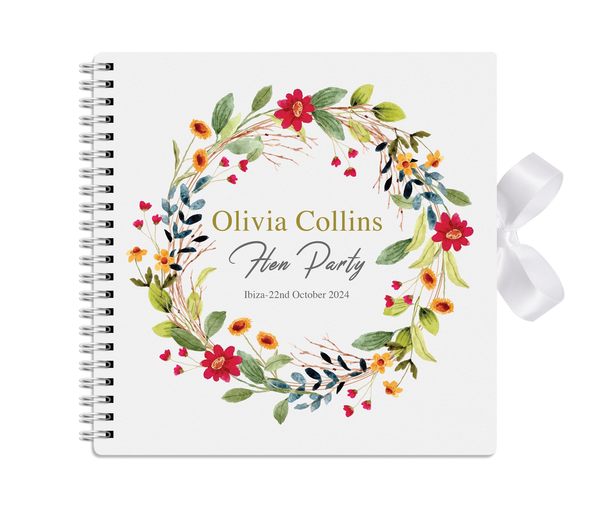 Personalised Hen Party Guest Book Ombre Team Bride Keepsake Gift with Ribbon Closure - 15cm x 15cm - 50 Sheets (Floral Wreath Name)