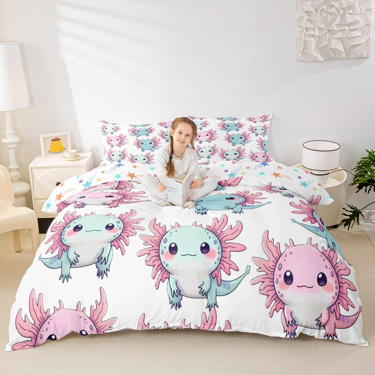 Erosebridal Salamander Girls Toddler Bedding Set Cute Cartoon Animal Comforter Cover for Kids Boys Teen,Ocean Wildlife Newt Duvet Cover Pink Blue Kawaii Salamander Bedspread Cover