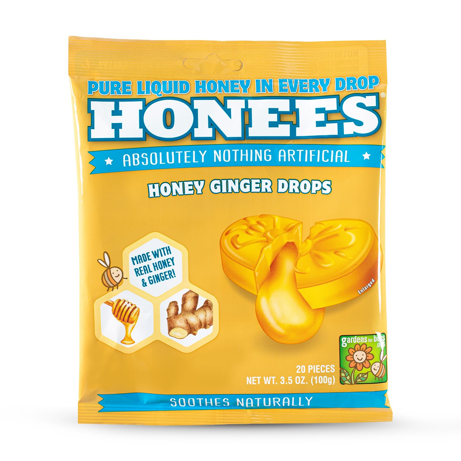 Honees Filled Honey Ginger Drops, Natural Cough Drops- Pure Ginger Sore Throat Relief - Nothing Artificial -Throat Coat Lozenges, Natural Cough Suppressant, Non-GMO, Gluten Free 100gx3