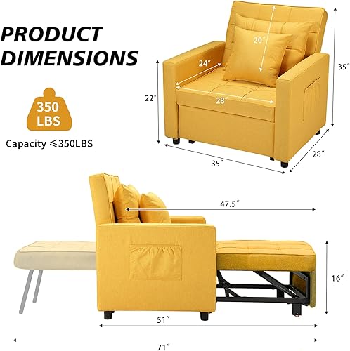 Miniatura 2 de Actualizado Sofá cama convertible, sofá cama con respaldo ajustable, sillón, sofá, cama, silla cama 3 en 1, individual, amarillo