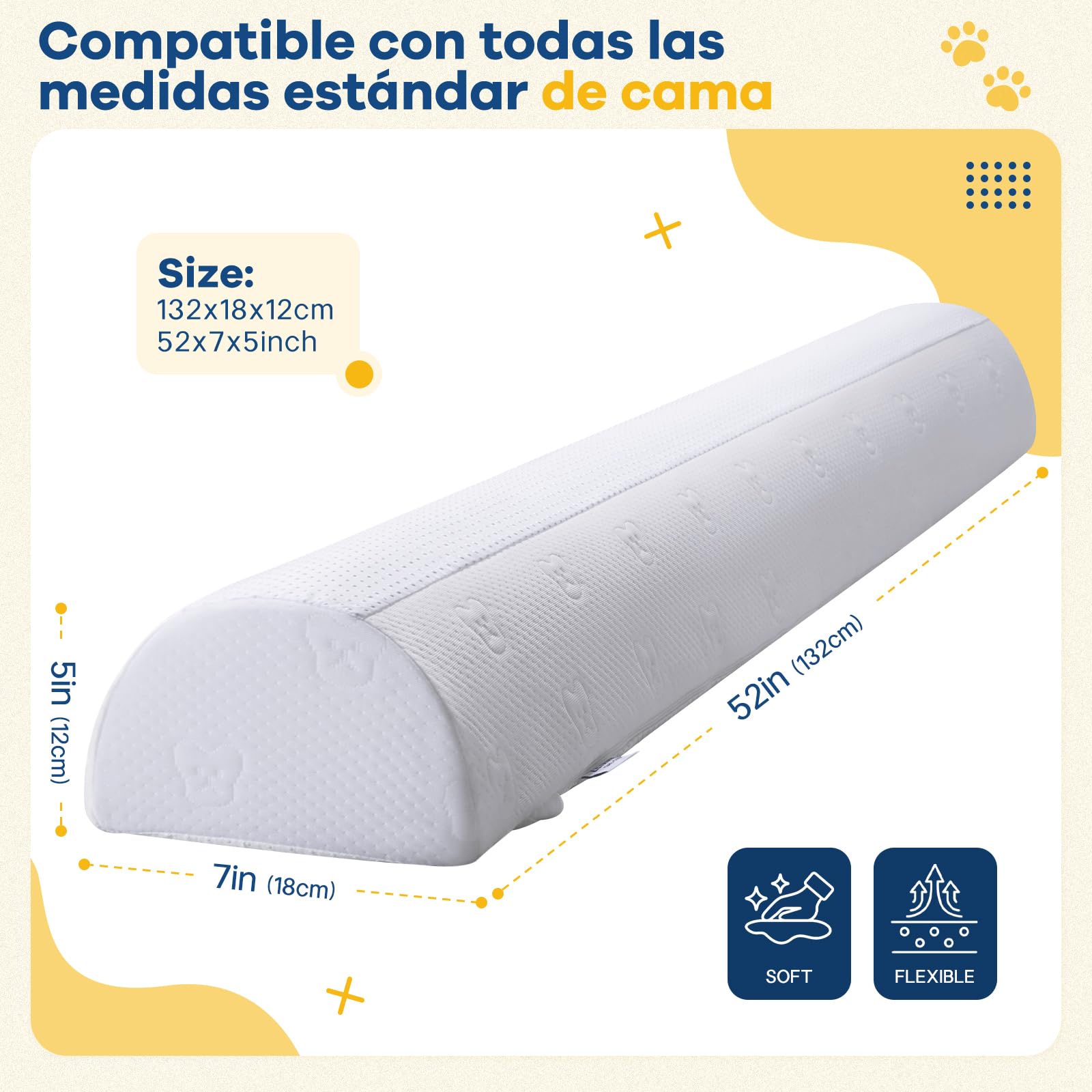 Barrera de Cama Infantil de Espuma Semicircular, Protector de Cama con Funda Extraíble y Lavable, Antideslizante para Camas Individual, Matrimonio, Queen y King, 132 × 18 × 12 cm, Pack de 2