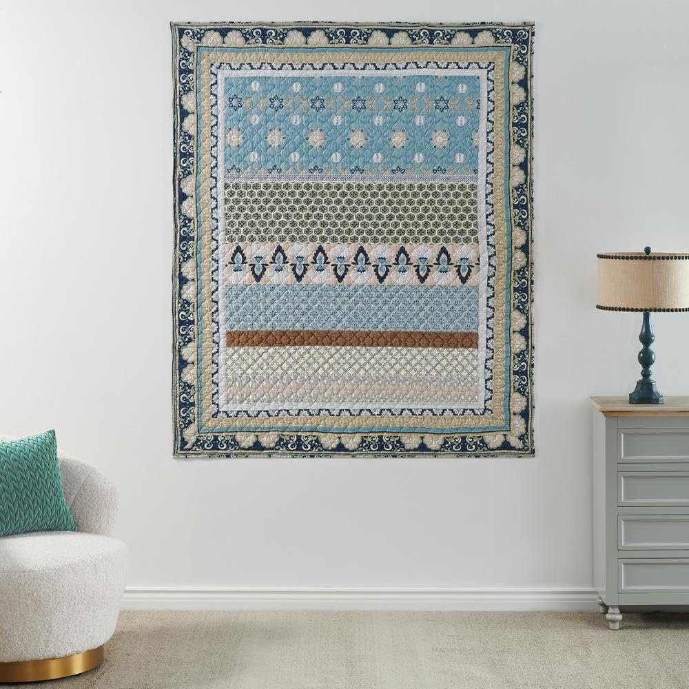 Greenland Home Thalia Velvet-Embellished Quilted Cotton Throw Blanket, 50 W x 60 L inches, Blue