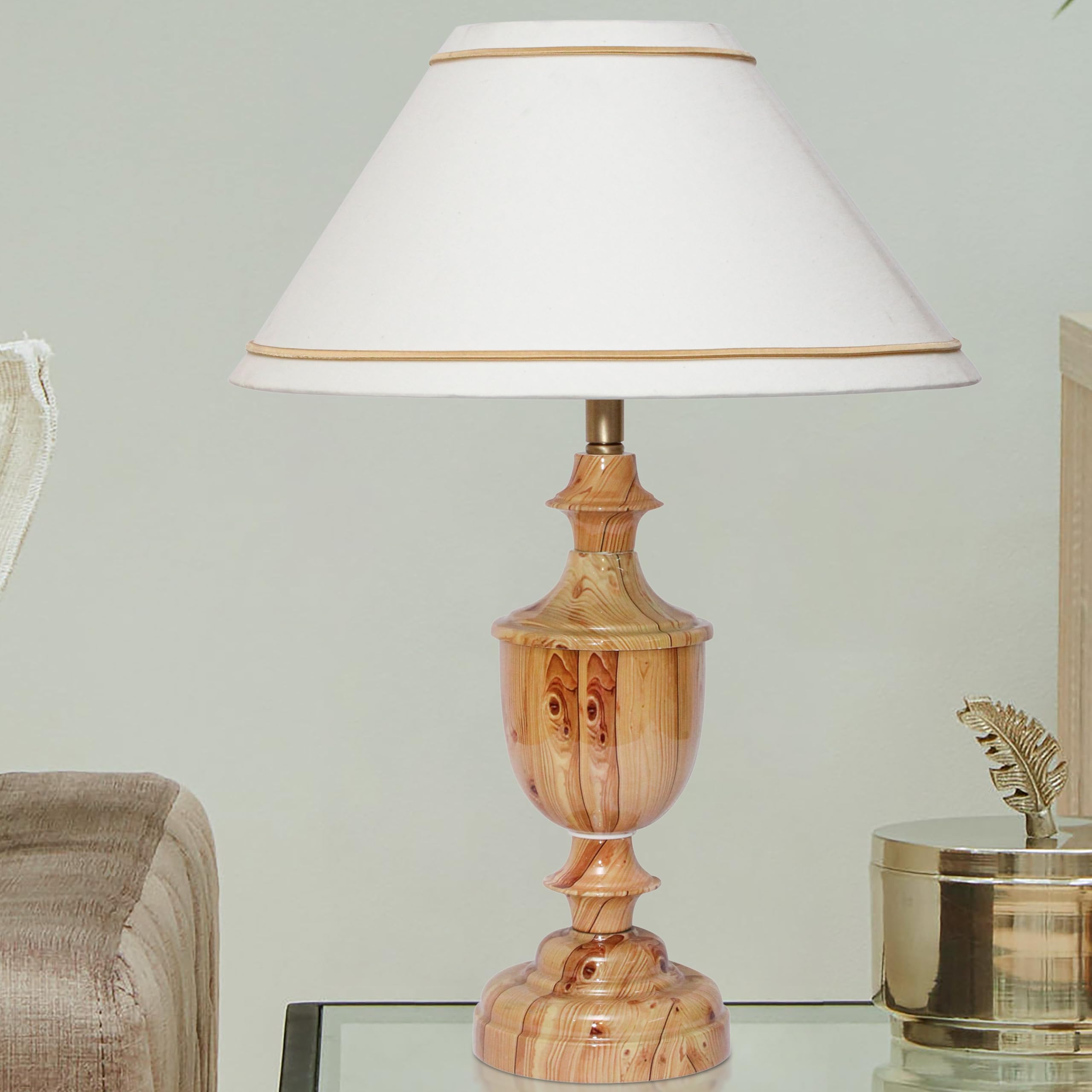 CREATIVE GALLERY Ceremic Look Trophy Side Table Lamp 52cm Height with Lampshade for Bedside Stylish, Living Room, Home Decoration, Hotel, (Wood Finish, White)