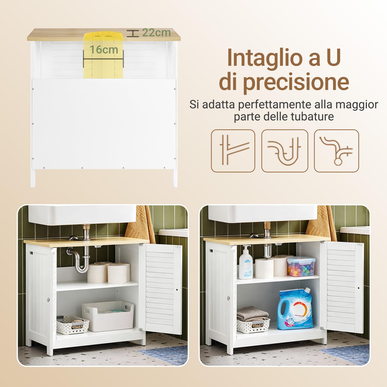 SoBuy Mobile Bagno Salvaspazio Sottolavabo 2 Ante Tapparelle 60x35x59cm | Mobiletto Bagno per Lavabo con Ante In Stile Tapparelle, Bianco-Naturale, L60P35A59cm, FRG237-WN