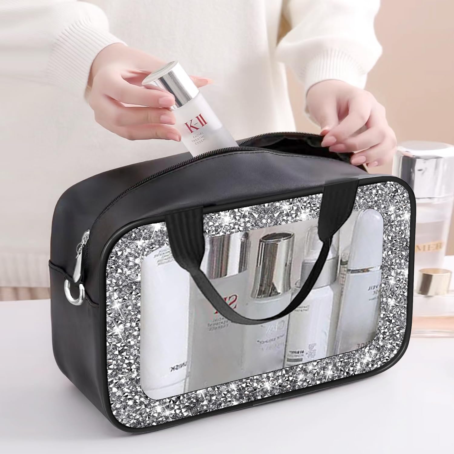 Meetart Trousse de toilette de voyage en cuir avec strass écrasés, Noir diamant, Tendance