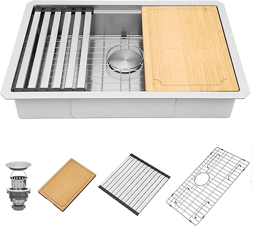 Miniatura 56 de Fregadero de cocina negro de 33 pulgadas, fregadero de acero inoxidable calibre 16, fregadero de estación de trabajo de un solo tazón con reborde