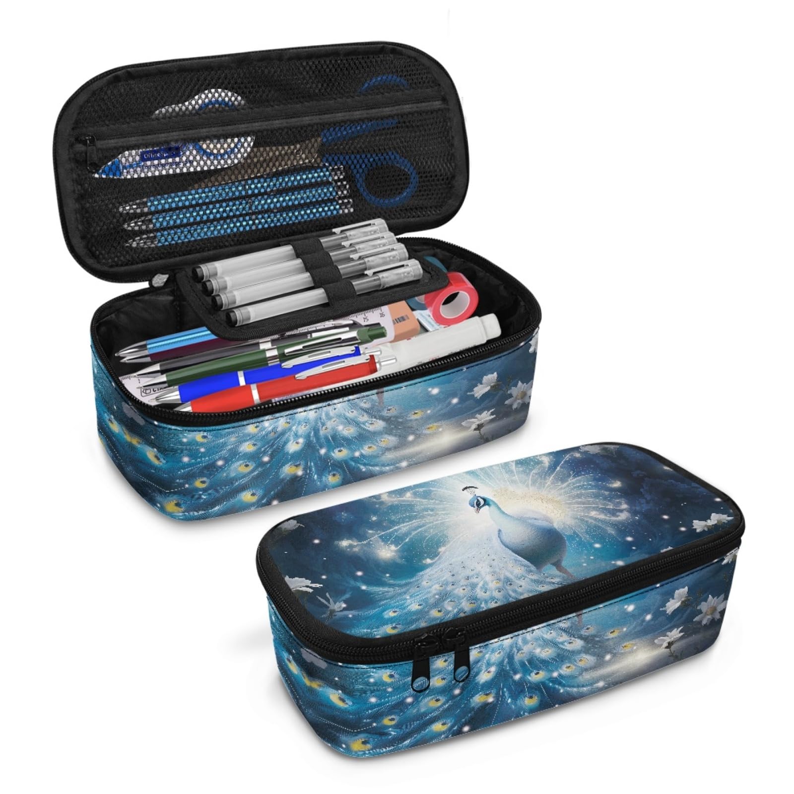 Flower Peacock Large Pencil Pouch for Girls Kids Aesthetic Pencil Case with Protable Handle Children Pencil Container for Boys School Students Coin Purse Handbag for Daily Study