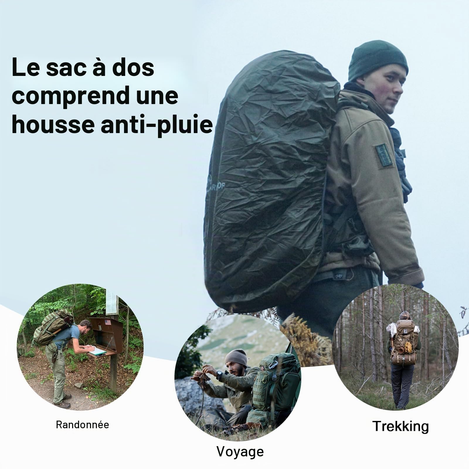 Mardingtop 60L Sac à dos tactique avec housse de pluie Grand sac à dos de trekking Extensible pour randonnée camping