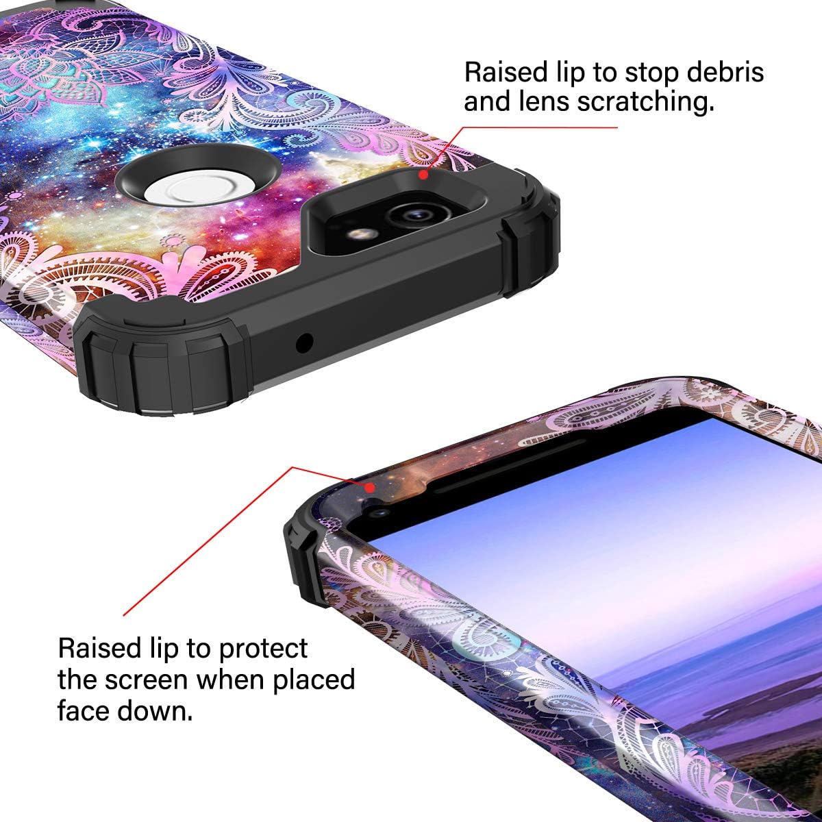 Casetego Compatible with Google Pixel 2 Case,Floral Three Layer Heavy Duty Hybrid Sturdy Shockproof Full Body Protective Cover Case for Google Pixel 2,Purple Mandala