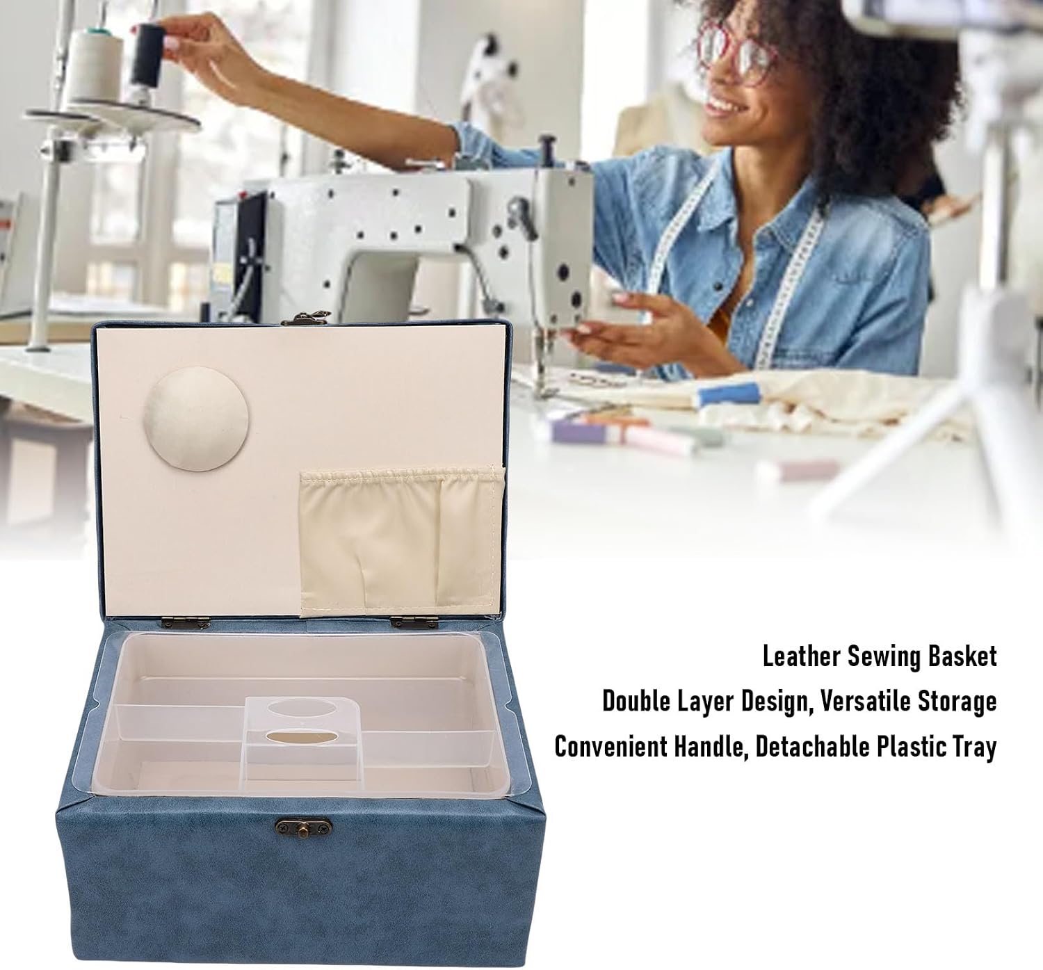 Asixxsix Leather Sewing Basket, Wooden Sewing Box with Removable Tray and Sturdy Handle Sewing Kit Storage Box for Sewing Mending, Beginner, Professional, Home Travel Storage