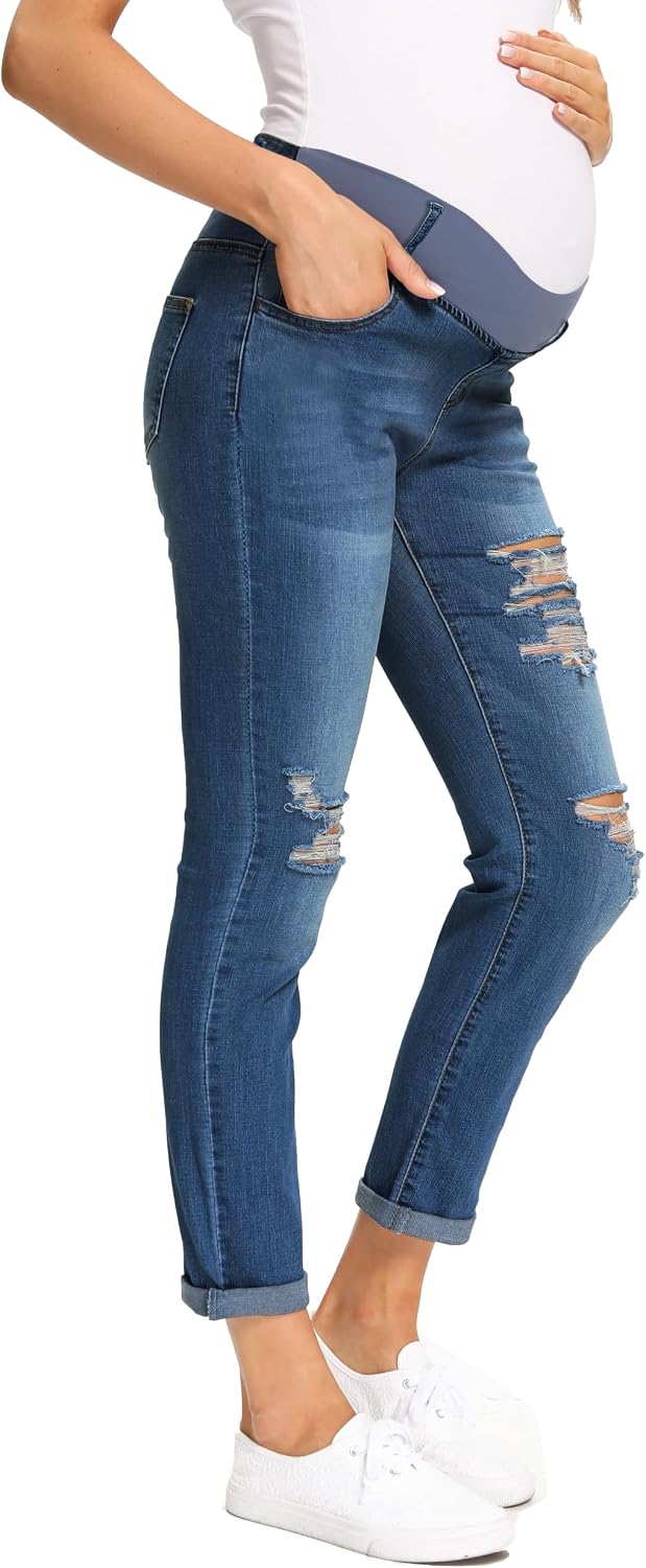Foucome Women's Maternity Jeans Stretch Ripped Boyfriend Jeans
