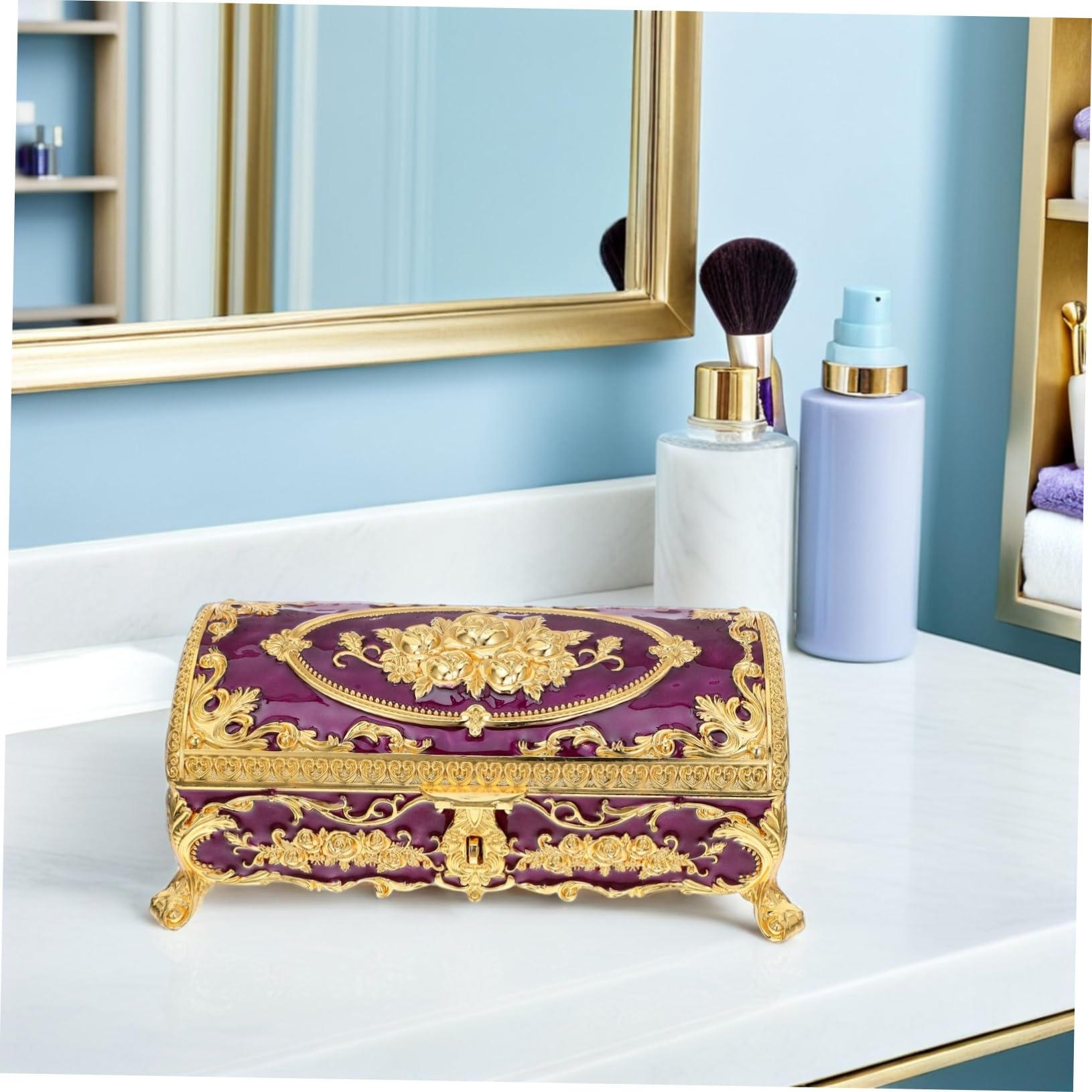 SOLUSTRE Schmuckkästchen mit Kompakter und Vielseitiger Aufbewahrung aus Legierung für Damen Vintage Elegante Violette Schmuckbox für Armbänder und Ohrringe dem Schminktisch