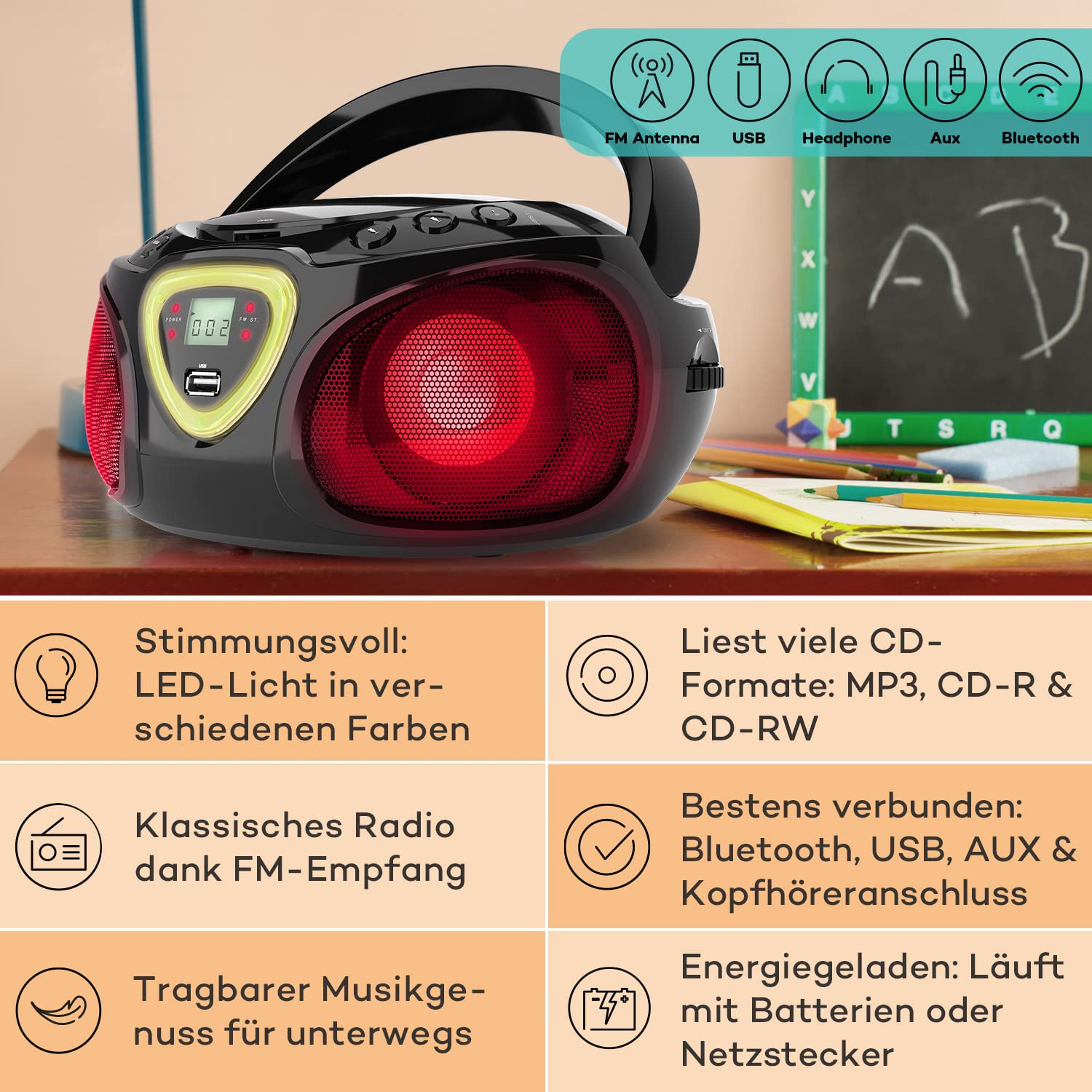 auna Roadie - CD-Radio, Stereoanlage, Boombox, USB, MP3, UKW-Radiotuner, Bluetooth 2.1, LED-Beleuchtung, 2 x 1,5 W RMS-Leistung, Netz- und Batterie-Betrieb, schwarz