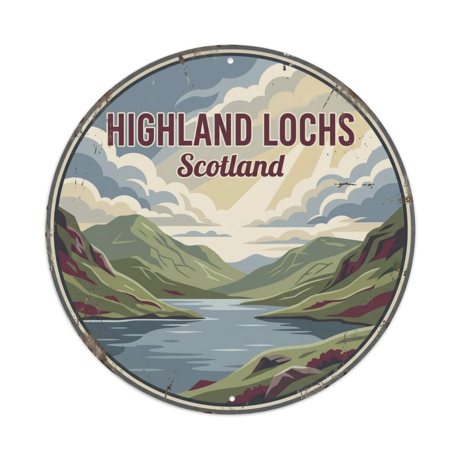Vintage Travel Highland Loch Scotland Metal Tin Sign Plaque Wall Decor for Cafe, Club Bar, Office, Home Garden Round Metal Poster 8x8Inch