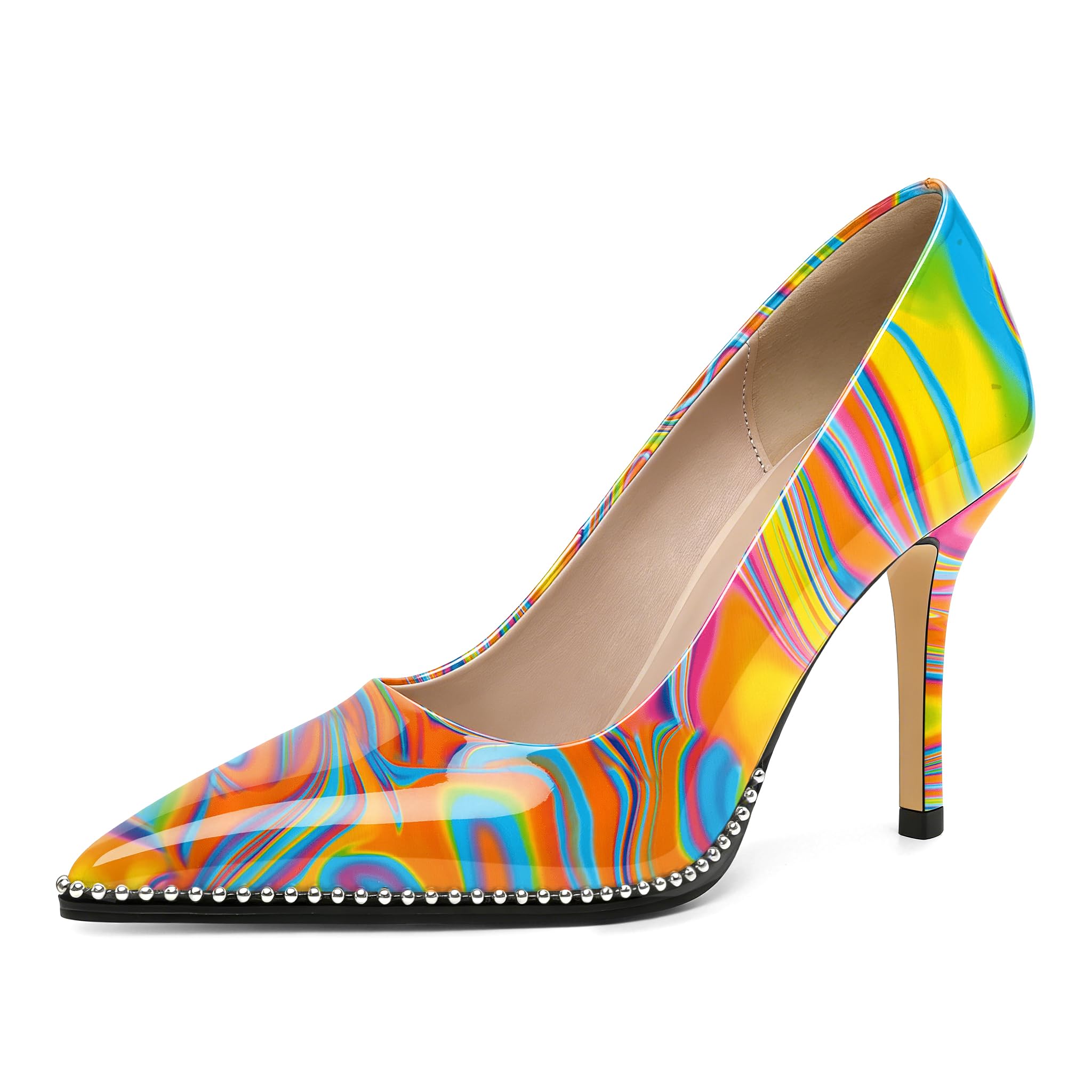 SAMMITOP Women Beaded Pumps Closed Pointed Toe High Heel Slip On Stilettos 3.5 Inch Sexy Heeled Dress Shoes Patent Leather