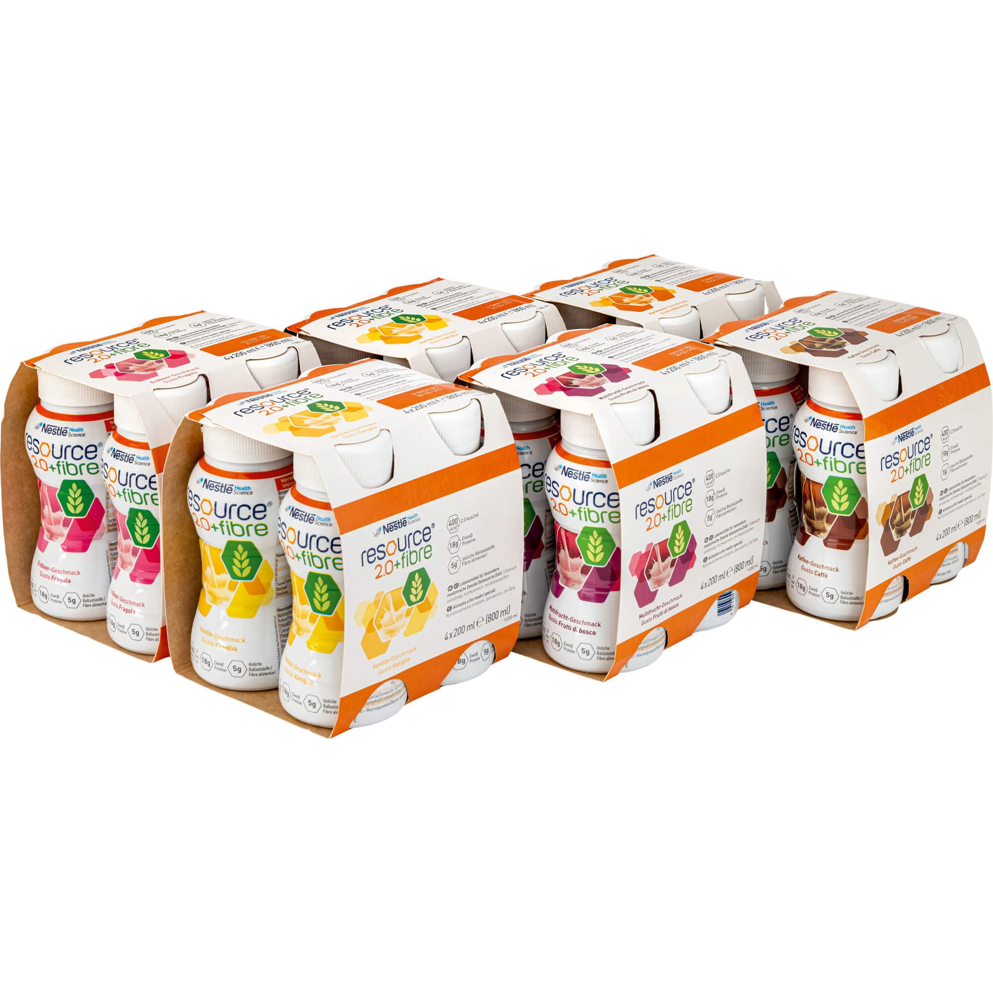 Resource® 2.0 Fibre - liquides alimentaires - boîte mixte - hypercalorique 2 kcal / ml - riches en fibres - 5 saveurs - 24 bouteilles - 1 carton