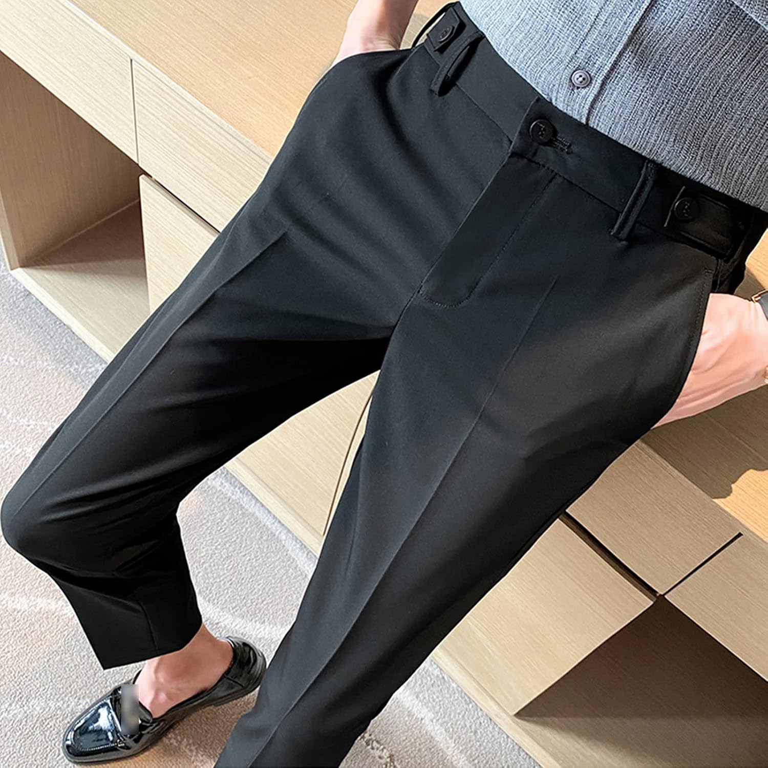 Men's Business Button Decorative Cropped Pants Stretch Slim Skinny Suit Pants Classic Fit No Iron Casual Pants