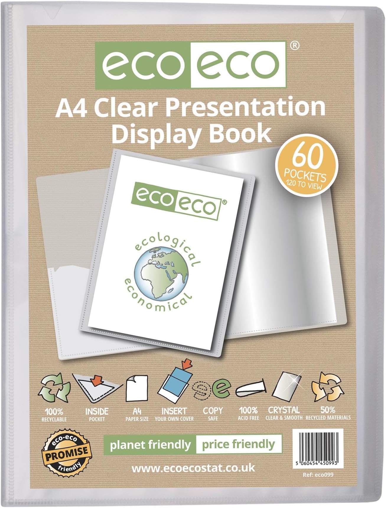 eco-eco A4 Size 50% Recycled 60 Pocket Clear Presentation Display Book, Storage Case Portfolio Art Folder with Plastic Sleeves, eco099