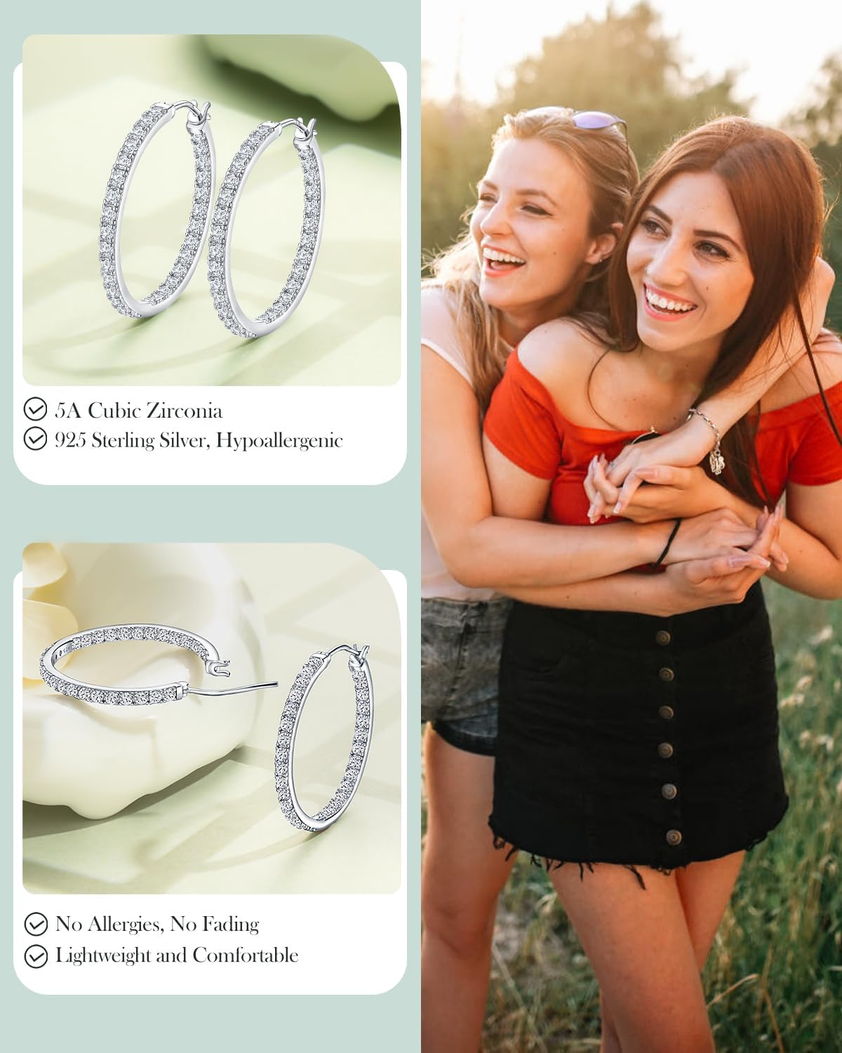 925 Sterling Silver Birthstone with Cubic Zirconia Hoop Earrings for Women fit Sensitive Ears 31mm(1.22 Inches) Large Ear Hoops(with Gift Box) - Image 3