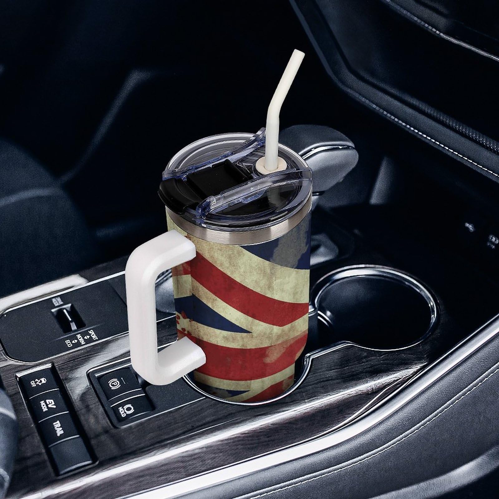 Autobecher aus 304 Edelstahl, Vintage-Stil, britische Flagge, Trinkhalm und auslaufsicherer Deckel, großes Fassungsvermögen, vakuumisolierter Reisebecher für Auto-Becherhalter, 1,2 l