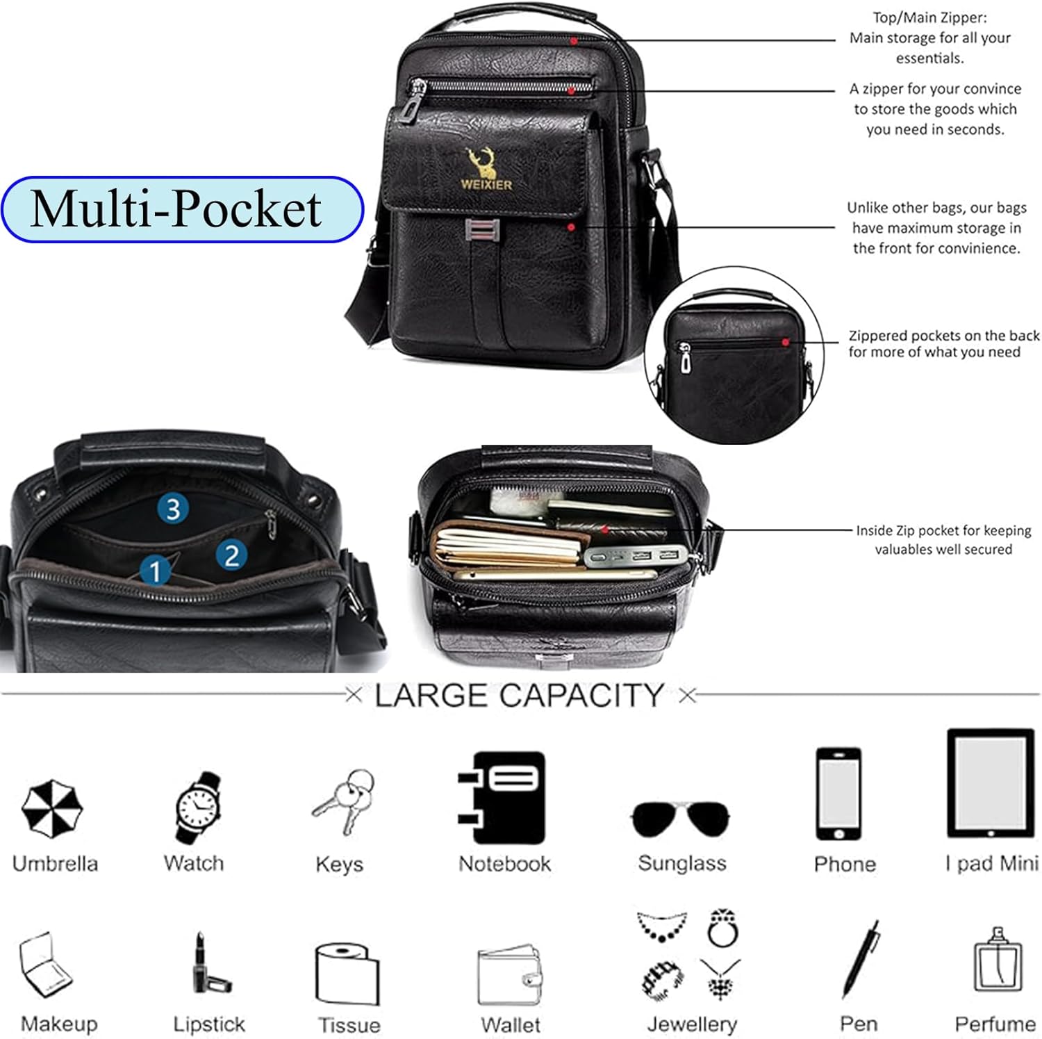 Messenger Bag for Men Crossbody Shoulder Purse Small Vintage PU Leather Satchel Pouch Side Crossover Handbag - Image 6