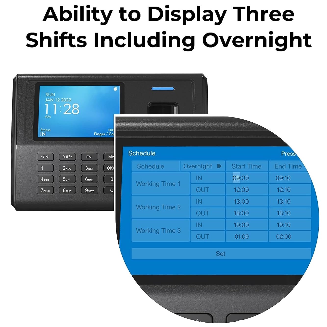 Schermo ANVIZ EP300 che visualizza la pianificazione dei turni