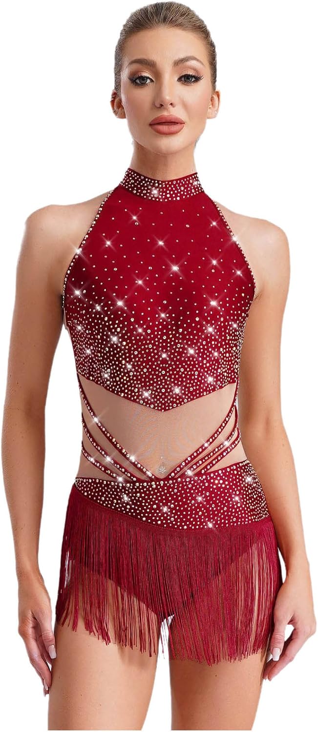 Vxuxlje Women's Tassel Latin Dance Leotard Cut Out Strappy Sleeveless Open Back Fringe Dress