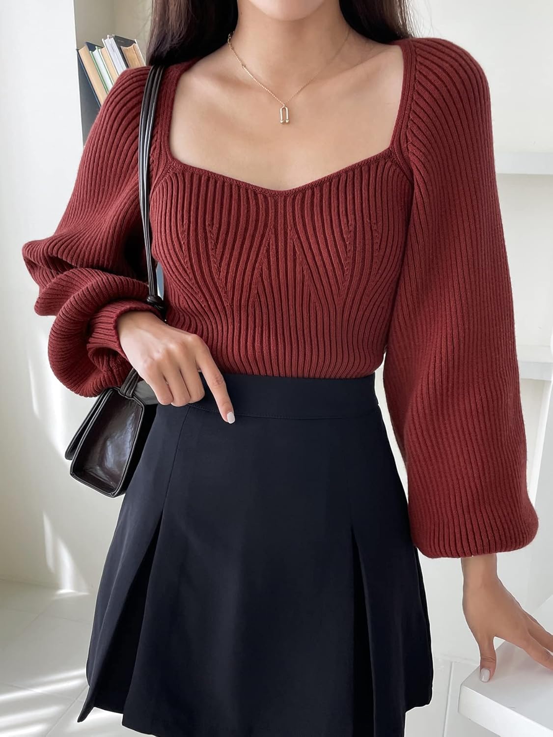 Women's Sweater Sweetheart Neck Raglan Sleeve Sweater Sweater for Women (Color : Burgundy, Size : Medium)