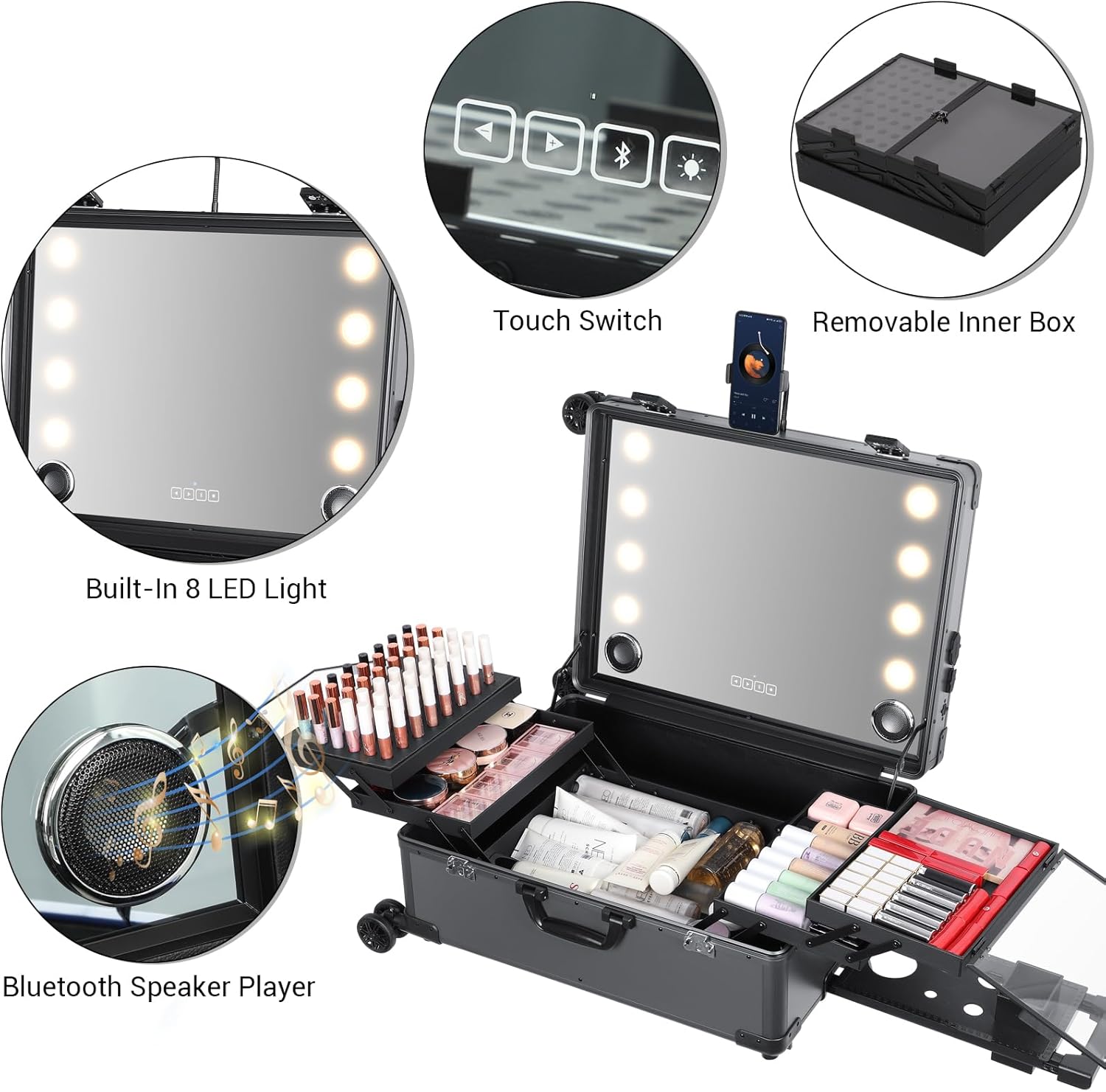 Rolling Makeup Train Case with Lighted Mirror and Bluetooth Speaker Professional Cosmetic Organizer Case with Wheels, Stands Portable Makup Station Vanity for Travel (Gray, Large)