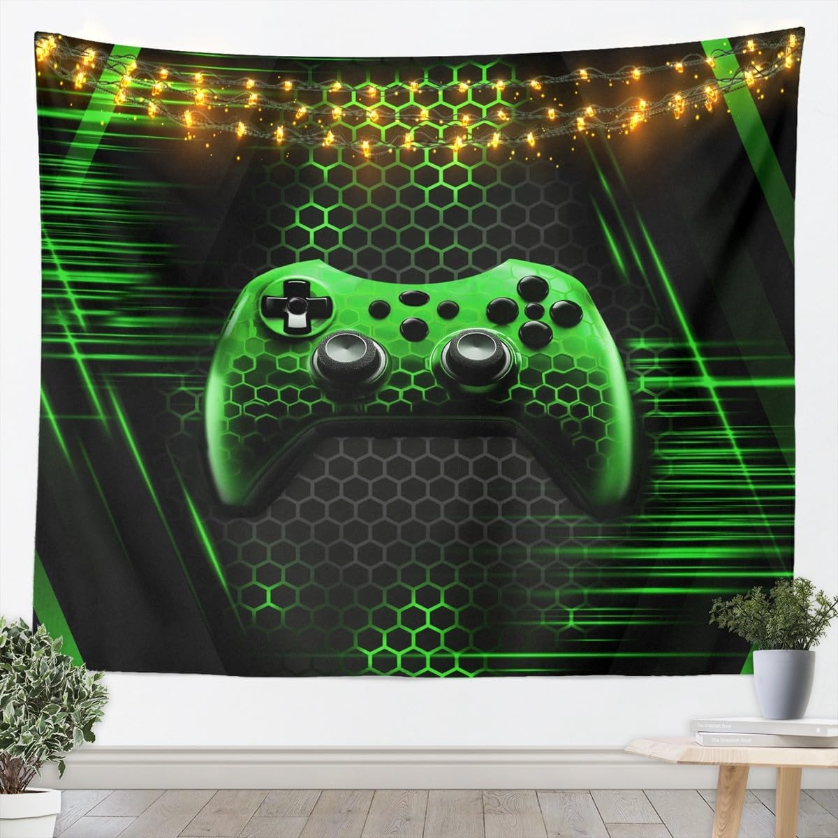 Gaming Gamepad Kids Tapestry,Video Games Controller Gamer Wall Tapestries,Boys Girls Men Room Decor,Geometric Honeycomb Lights Neon Wall Hanging,Green Chic Home Wall Decor,XLarge 70.9 x 92.5 Inches