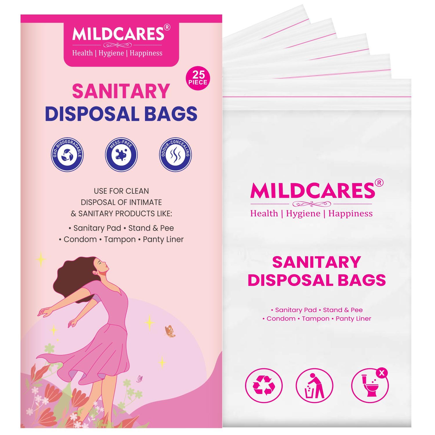 MildCares Sanitary Disposable Bags (Pack of 25) | Leakproof Disposalable Bag For Sanitary Pads, Condoms, Diaper, Panty Liner & Tampoons | Bags For Discrete Disposal Of intimate Products For Women