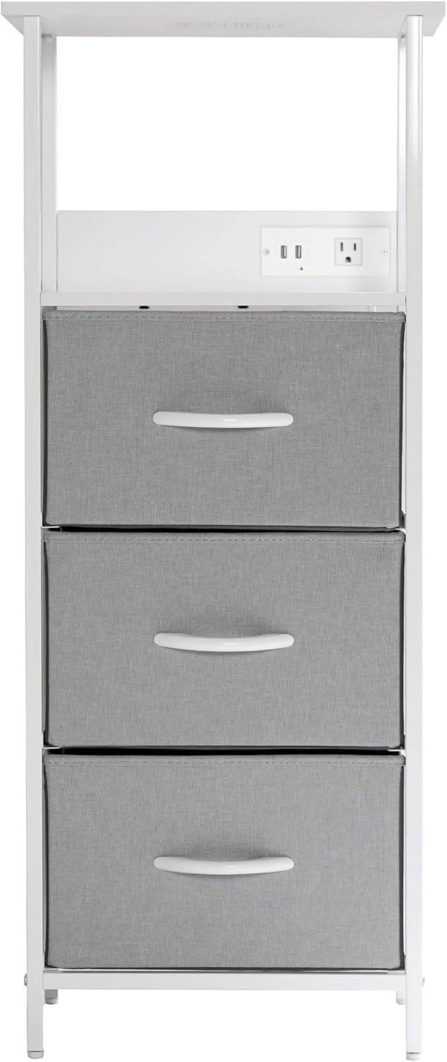 Flash Furniture Sodano 3-Drawer Nightstand with Charging Station, 2 USB Ports, 1 Outlet, Fabric Drawers, Wood Handles, Metal Frame, Gray/White