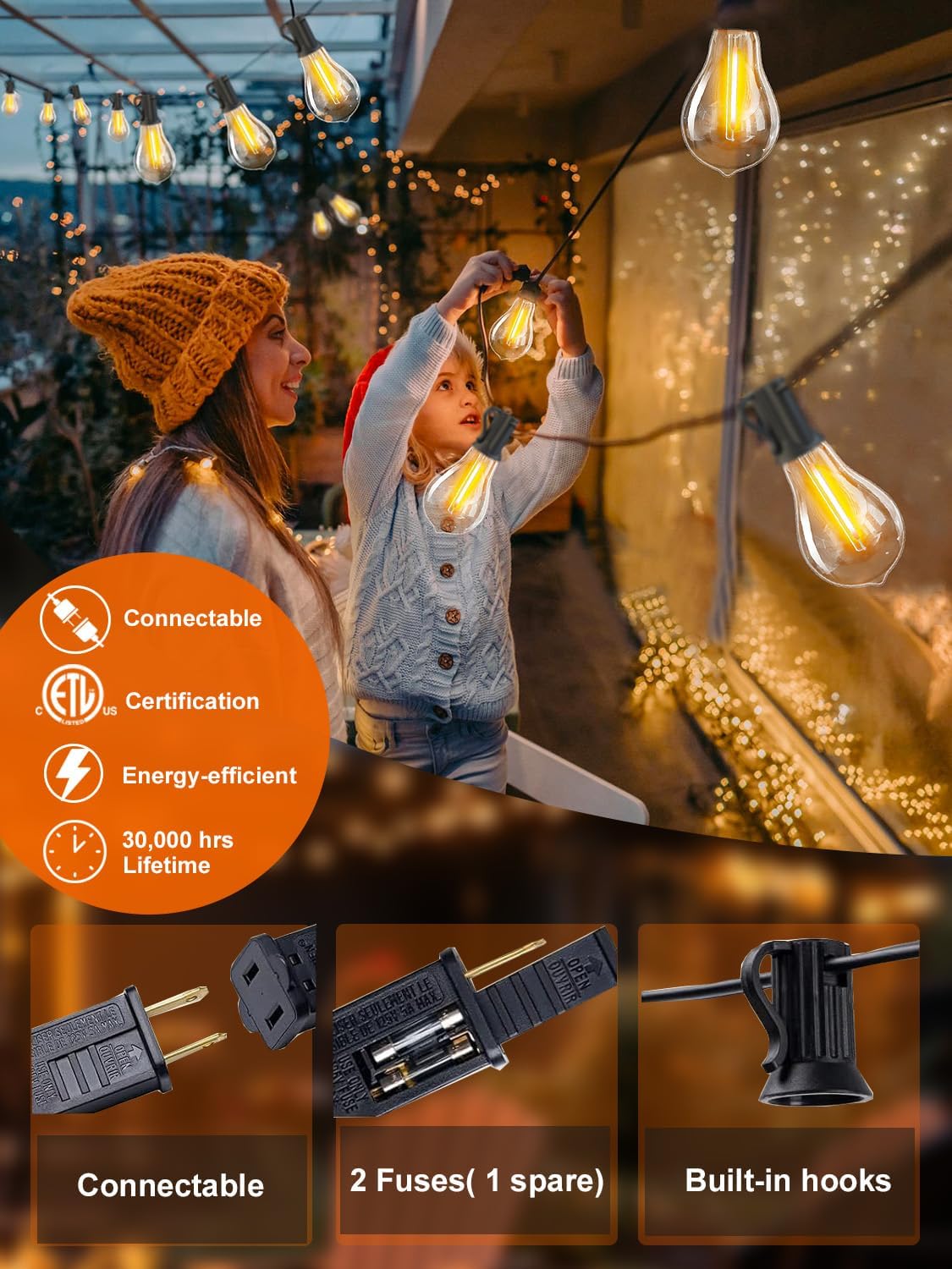 DAMAING Outdoor string lights 75FT Waterproof patio string lights with 38 Shatterproof Dimmable A39 LED Bulbs, 2FT bulbs apart Connectable Outdoor Lighting for Backyard Garden Bistro and Balcony 2200K