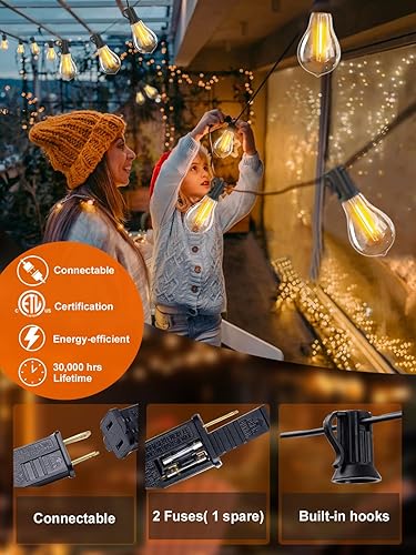 Miniatura 17 de DAMAING Tira de luces LED de 200 pies para exteriores con 100+5 bombillas LED Edison inastillables A39, resistente al agua, de grado comercial