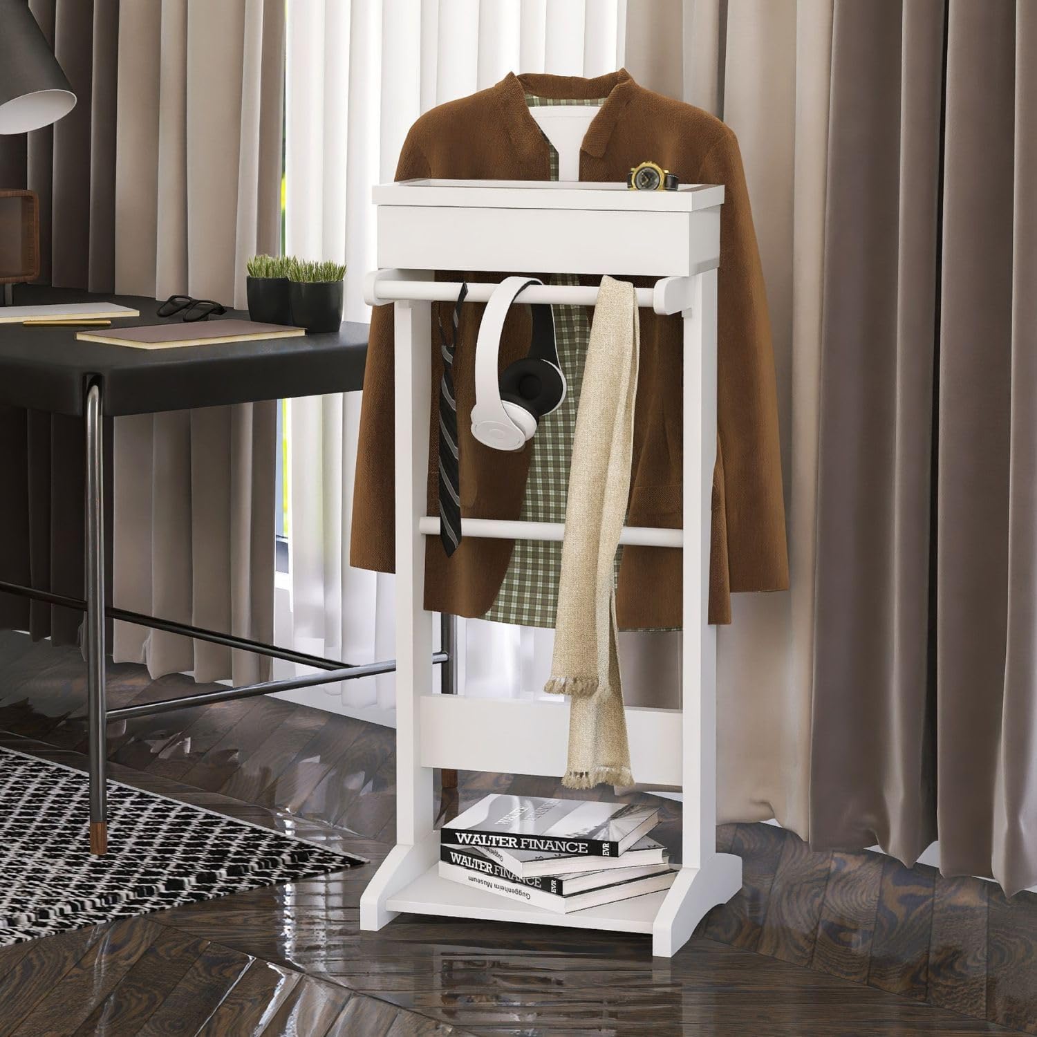 Freestanding Wooden Valet Stand for Men with Hanger, Tie & Belt Hooks, Shoe Rack, and Storage Organizer for Keys, Watches, Wallets, and Jewelry in Bedroom or Entrance
