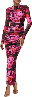Women's Long Sleeve Maxi Dress 2025 Fall Ruched Bodycon Floral Mesh Formal Wedding Guest Cocktail Party Dresses