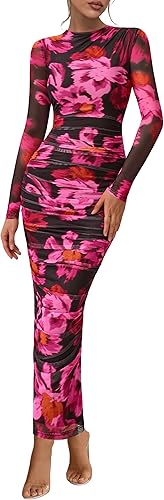 Womens Long Sleeve Maxi Dresses 2026 Spring Ruched Bodycon Floral Mesh Formal Wedding Guest Cocktail Party Dress
