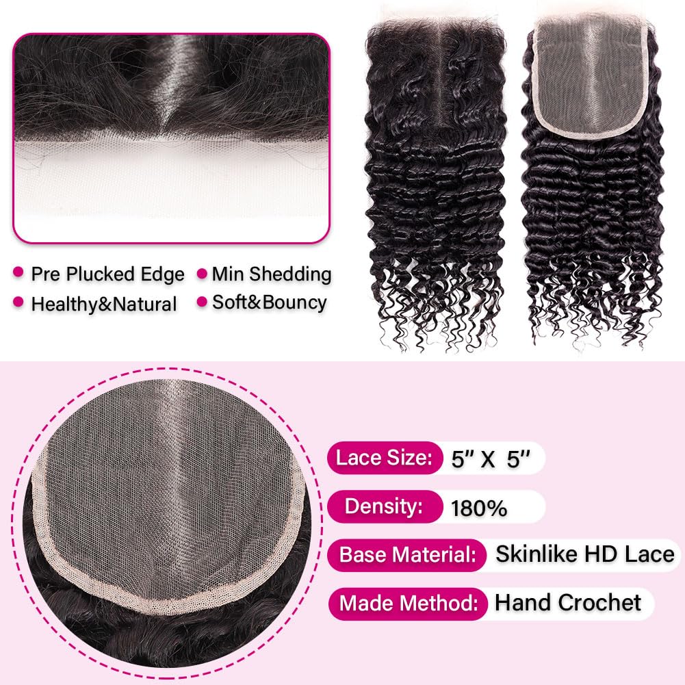 5x5 HD Lace Deep Wave Closure 100% Brazilian Virgin Human Hair Pre Plucked 12A